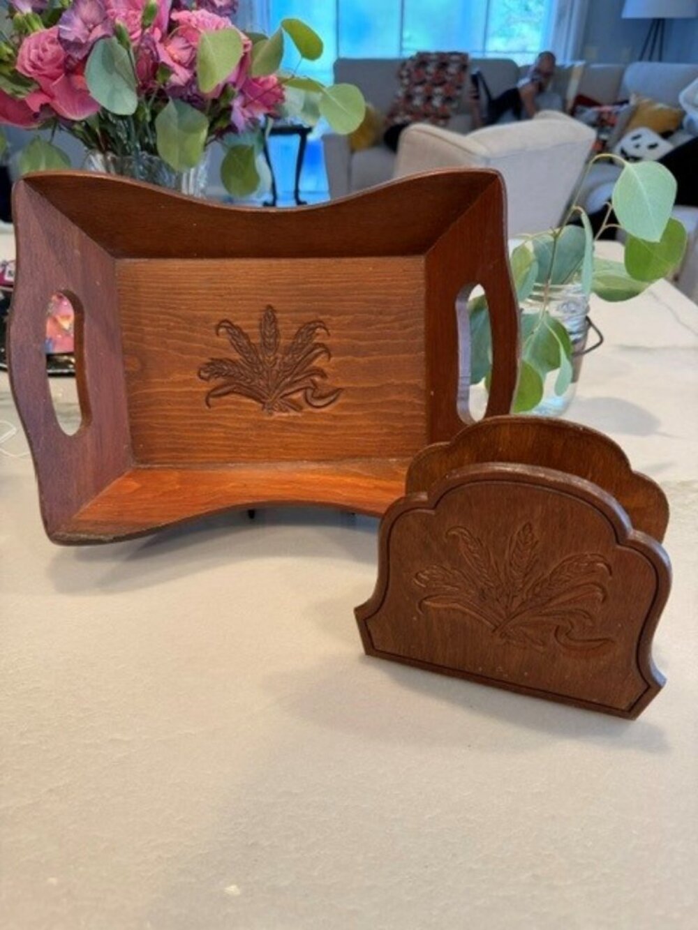 Vintage Brown Wheat Motif Serving Tray & Napkin Holder Set